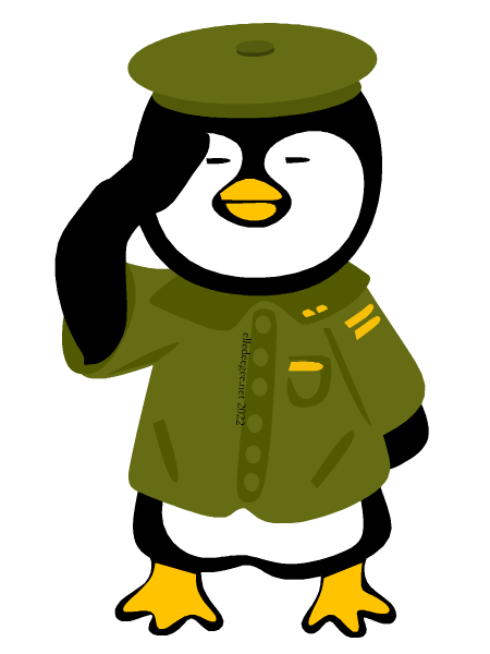 Memorial Day illustration: Penguin in green military type uniform saluting.