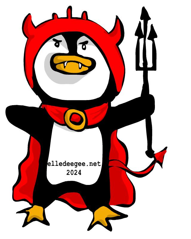 Illustration of a penguin dressed fiercely like a devil with horns, red hoodie, tail, cloak and trident.