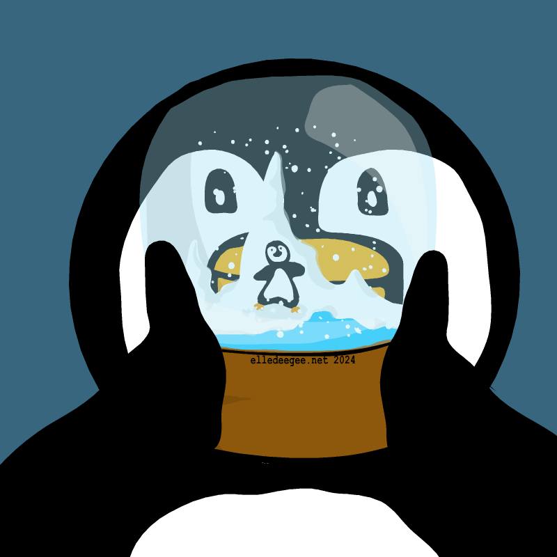 Happy penguin viewing and holding a snowglobe (illustration)