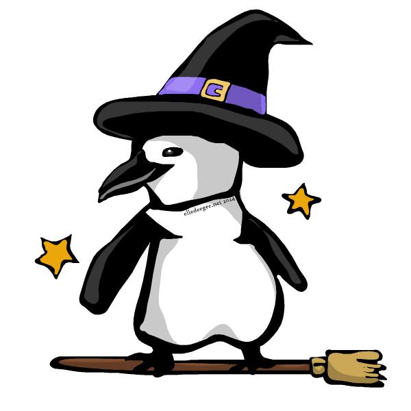 Chinstrap Penguin with large witch's hat with stars flying on a broomstick.