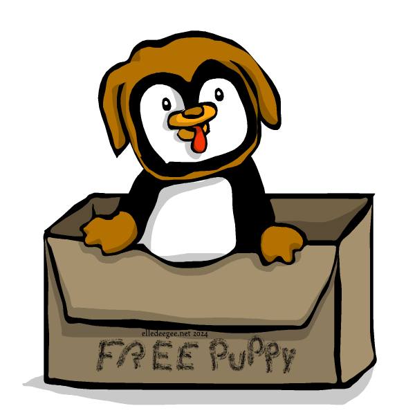 illustration of penguin dressed as a puppy in a box for National Dog Day.