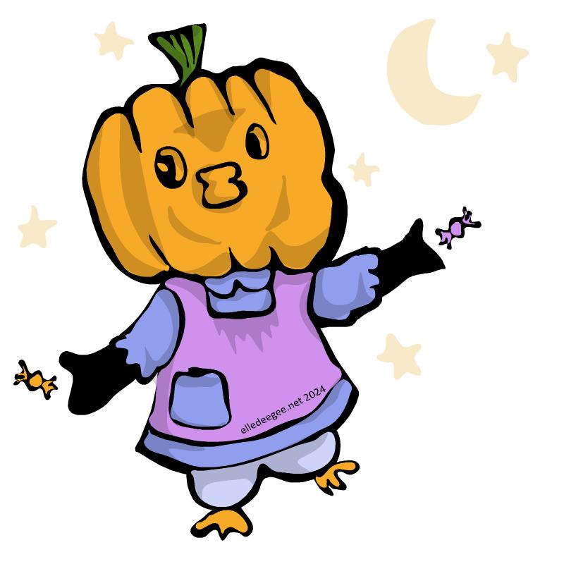 illustration of a penguin with a pumpkin head in a purple dress throwing candy with stars and a moon in the background.