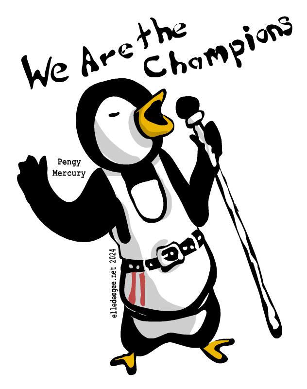 Illustration of a penguin dressed as Freddie Mercury