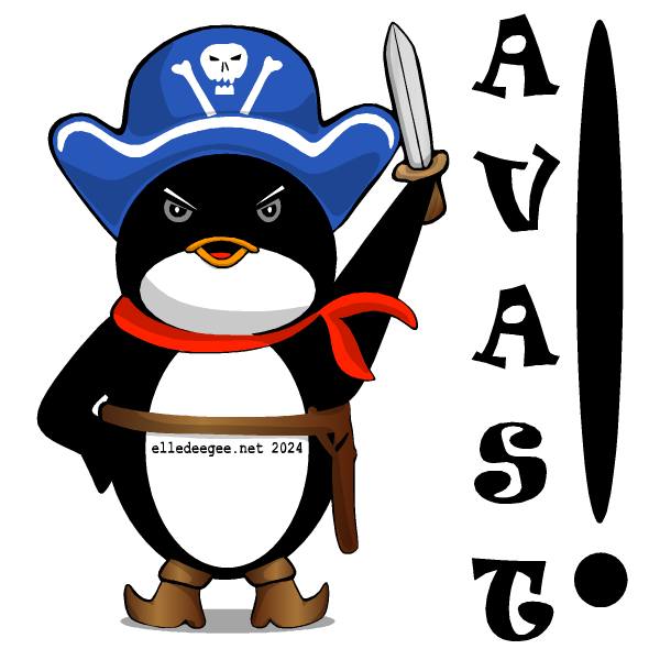 Illustration of a penguin dressed like a pirate, holding up a sword, wearing a blue cross bones pirate hat, brown boots, a red scarf and brown sword sheath.