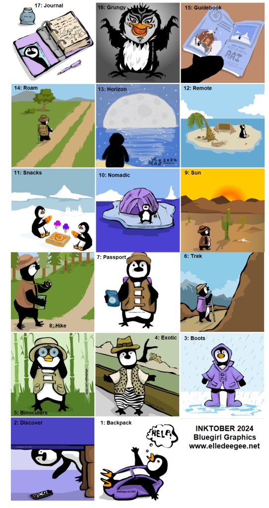 Daily Illustrations from inktober prompts with penguins done digitally 1 through 17