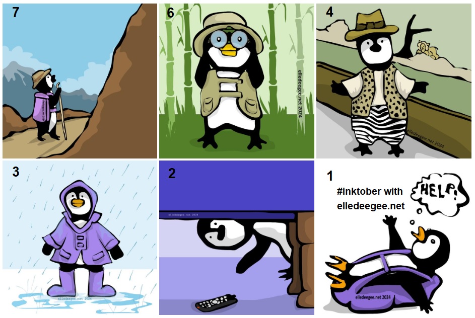 Inktober screenshot of my first 6 digital illustrations. all illustrations contain penguins.