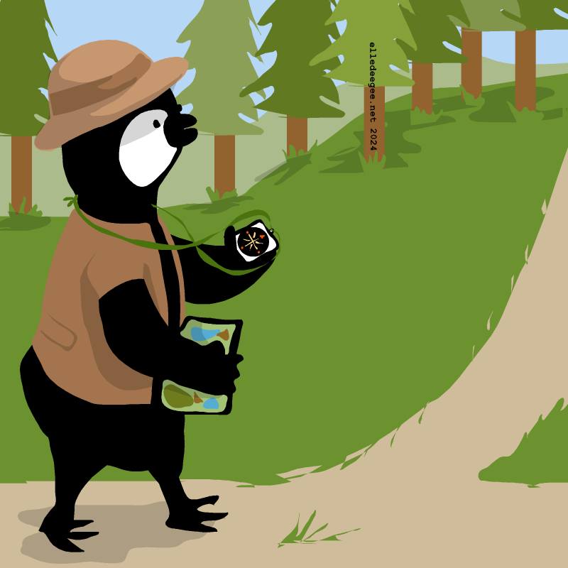 Illustration of #inktober prompt #hike with a penguin holding a map and compass in the woods on a trail.