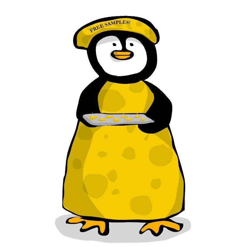 Digital illustration of a penguin dressed as a big hunk of cheese while giving cheese samples.
