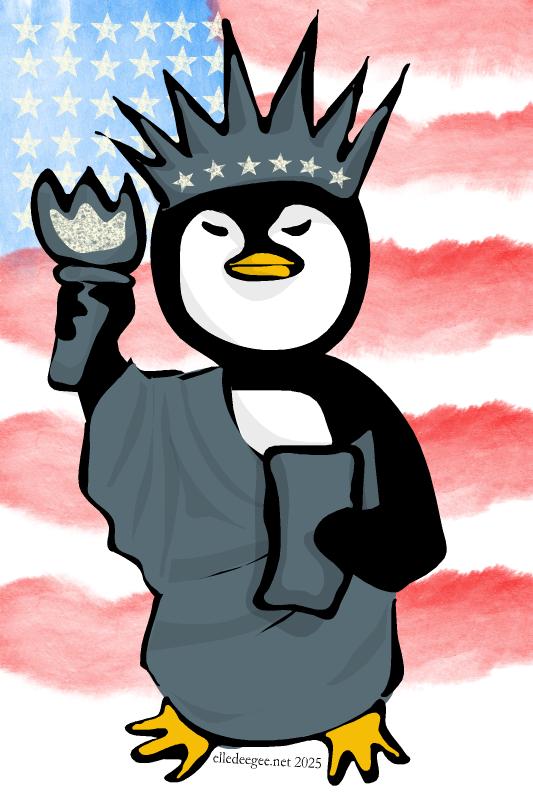 illustration of a penguin dressed as lady liberty with a flag like background and stars and a lit torch